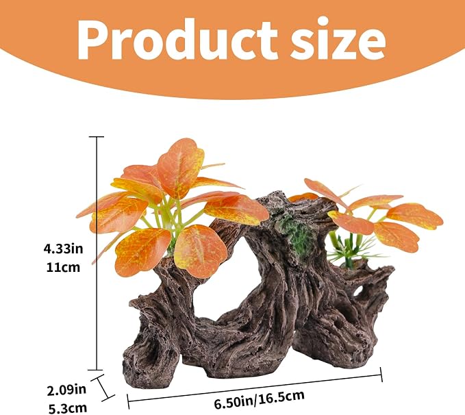 Fish Tank Decoration Aquarium Ornament with Silk Leaf Plants and Artificial Driftwood Cave Hideout Safe for Betta Fish