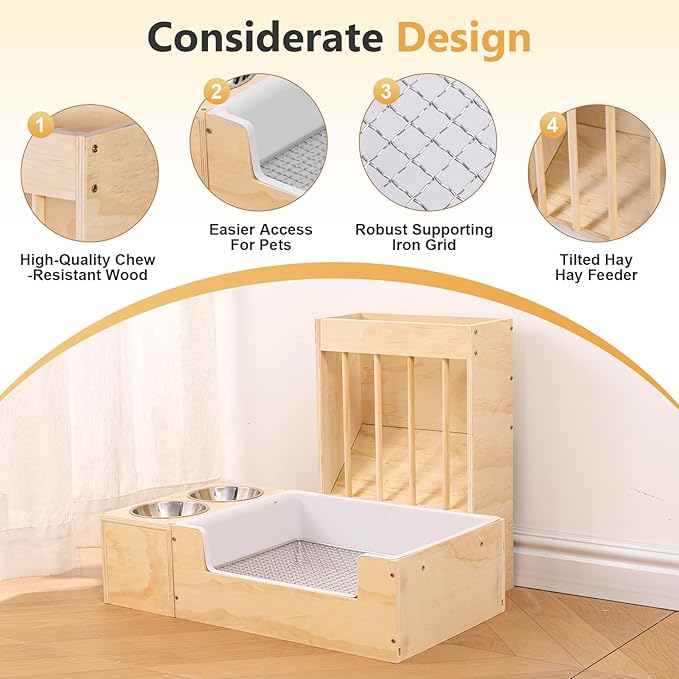 Extra-Large 3 in 1 Rabbit Litter Box with Hay Feeder and Bowls Set, Wood, Mess Proof, for Guinea Pigs, Chinchillas, Hamsters, and Rabbits