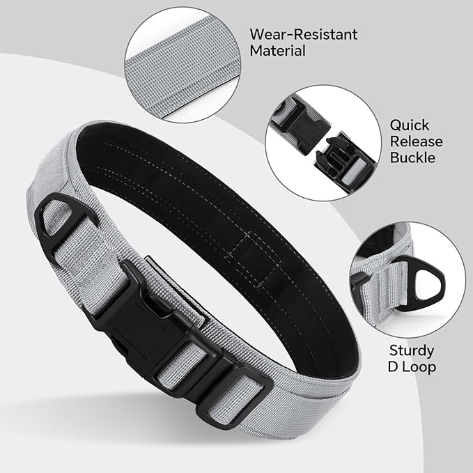 Tactical Durable Dog Collar, Metal D-Ring, Adjustable Heavy Duty Dog Collar with Heavy Quick-Release Buckle for Medium Large Dogs (Gray, XL)