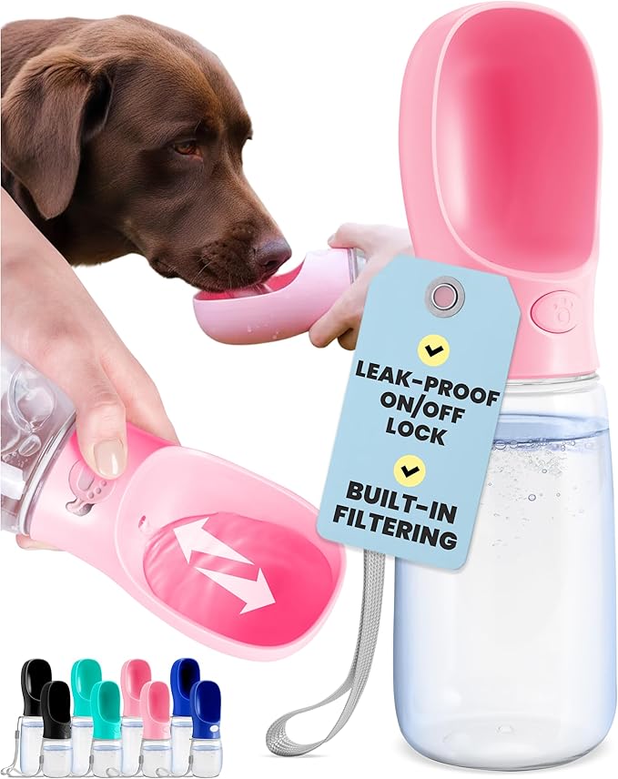 MalsiPree Leak-Proof Portable Dog Water Bottle for Travel - 19 oz, with Pink Bowl - Food Grade Plastic - Dog Bowls - Puppy Essentials - Pet Water Bottle for Trail Hiking, Park Visit & Beach Days