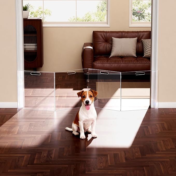 Acrylic Pet Playpen Gate for The House Doorways, Acrylic Pet Gate for Dogs, Freestanding, Clear (4 Panel)