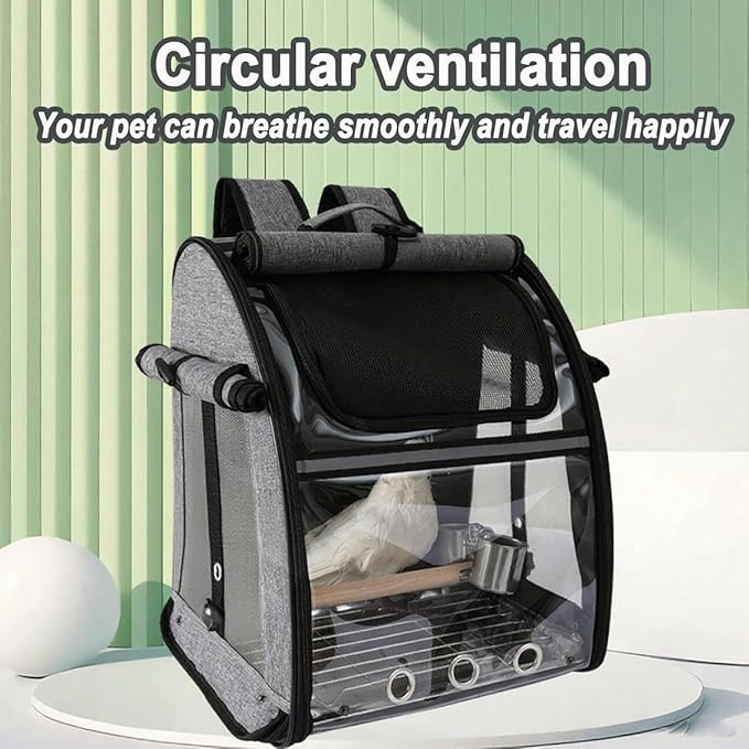 Bird Travel Cage Backpack - Portable Transparent Carrier with Standing Perch, Stainless Steel Mesh and Feeder Cups for Small Birds Like Parrot Parakeet(Grey)