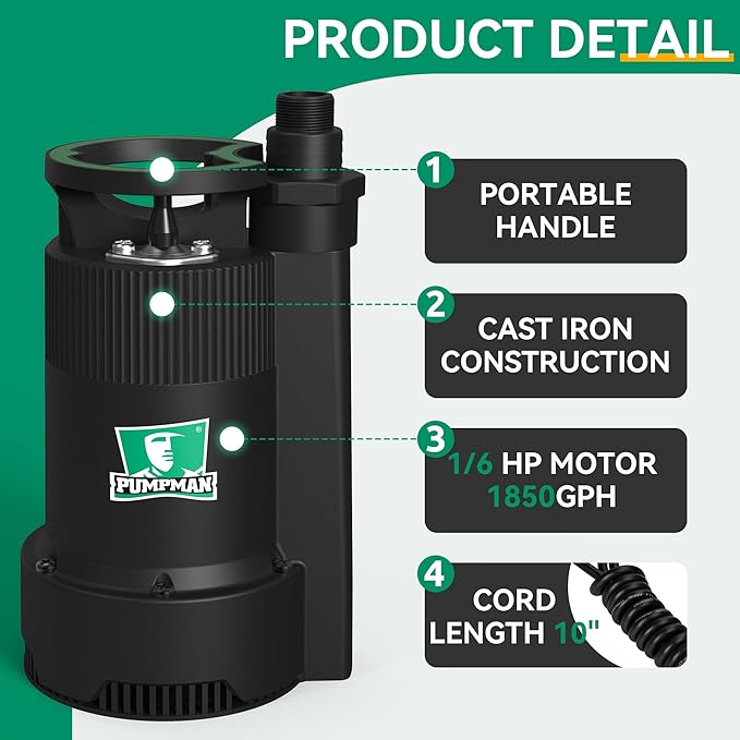 PUMPMAN 1/6HP Utility Pump, 1850 GPH Submersible Water Pump with Handle, Thermoplastic Portable Well Pump IPX8 Waterproof for Pools, Basements, Car Washing, Garden