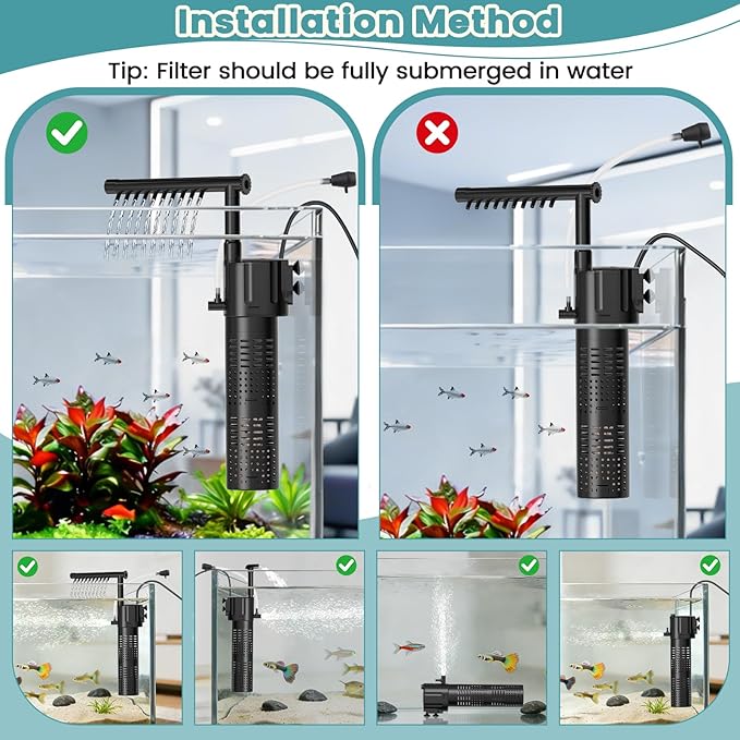 hygger Internal Aquarium Filter, 5-in-1 Submersible Fish Tank Filter, Adjustable Wave Maker & Air Bubbler, Quiet Turtle Tank Filter for 5-15 Gallon Freshwater Saltwater, 80GPH, 5W
