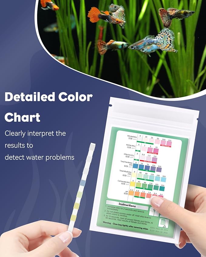 Pawfly 7 in 1 Aquarium Test Strips, 50 Strips Fish Tank Testing Strips for pH Chlorine Nitrate Nitrite Carbonate Hardness Total Alkalinity Water Quality Freshwater Saltwater Monitoring Kit