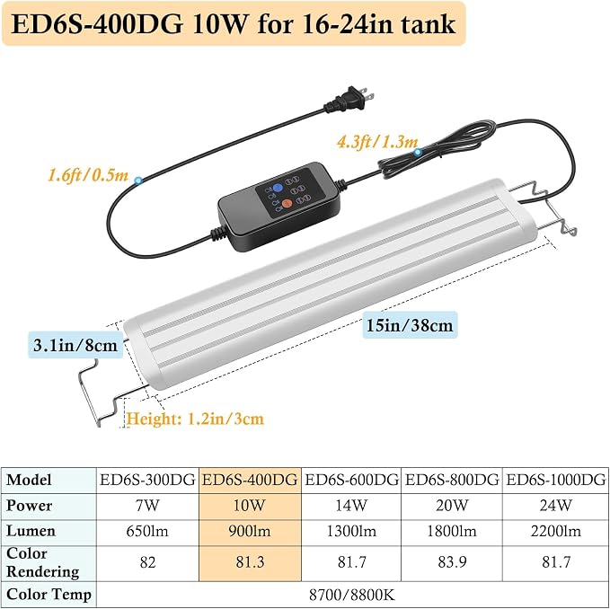 HITOP 16-24in Plant Growth Aquarium LED Light with Timer, Full Spectrum Auto 24/7 Lighting Cycle& 10-Level Brightness Adjustment, Fish Tank Light with Extendable Brackets
