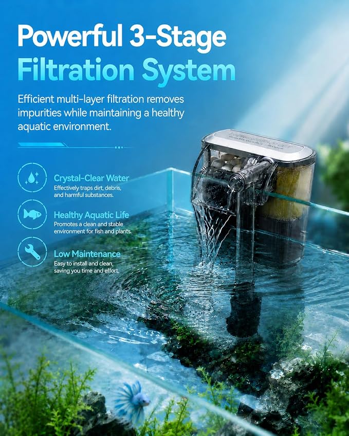 5-Gallon Ultra-Clear Glass Fish Tank Starter Kit, LED Light, Reusable 3-Stage Filter, Lid, Easy Maintenance Rimless Aquarium for Betta and Small Fish