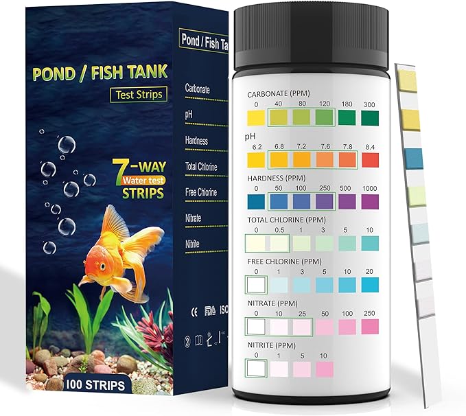 Aquarium Test Kits(100 Strips)-7 in 1 Fish Tank Water Freshwater&Saltwater Quality Test with pH, Carbonate, Alkalinity, Hardness, Chlorine, Nitrite, Nitrate