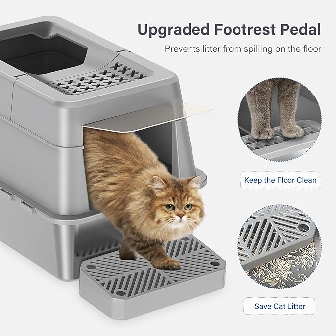 Aphyxen Stainless Steel Litter Box with Lid, XL Extra Large Enclosed Cat Litter Box Fits All Cats Modular Design with Flip Cover, Top Entry Metal High Sided Cat Box & Pedal & Scoop (Grey)
