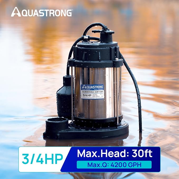 AQUASTRONG 3/4 HP Sump Pump, 4200 GPH Stainless Steel and Thermoplastic Submersible Water Pump, Automatic Float Switch with Piggy-back Plug,1-1/2" NPT Discharge Subpumps for Basement and Flooding Area | Stainless Steel and Cast Iron Sump Pump, Automati...