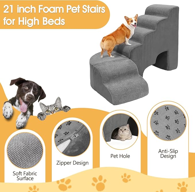 Dog Stairs for High Beds, 6 Steps Soft Foam Pet Stairs for Bed 27-30 inches, L Shaped Dog Steps, Non-Slip Sturdy Pet Stairs, 30D Foam Doggie Ramp for Small/Large Dogs/Old Cats