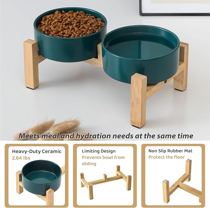 Elevated Ceramic Dog Bowl Set - Raised Dog Bowls with Non Slip Bamboo Stand, Food and Water Bowl Set for Kitty, Cats and Toy Breed Dogs, Pet Bowls, Weighted Dogs Dishes (5.1'', 2*16OZ, Green)