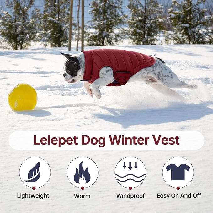 Lelepet Reversible Dog Coat Waterproof Dog Jacket Windproof Puffer Vest for Winter Warm Lightweight Coats for Large Dogs Adjustbale Hook & Loop Pet Apparel with Leash Hole, Pitbull, Wine Red, XL