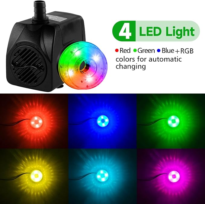 15W 800L/H Submersible Fountain Pump with LED Lights, Adjustable Quiet Water Pump, Pond Fountain Pumps for Water Feature, Garden, Aquarium Fish Tank, Indoor Outdoor Fountain with 3 Type Nozzles