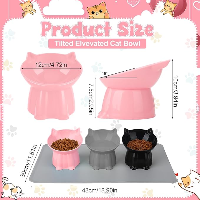 3 Pcs Elevated Cat Bowls 15°Raised Cat Food Bowl with Silicone Mat Whisker Friendly Anti Vomiting Cats Dishes Pet Food and Water Bowls for Indoor Cats Kittens Classic Pink, Grey, Black Pink, Grey, Bla