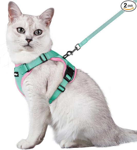 rabbitgoo Cat Harness and Leash for Walking, Escape Proof Soft Adjustable Vest Harnesses for Cats, Easy Control Breathable Reflective Strips Jacket, Green&Pink, M