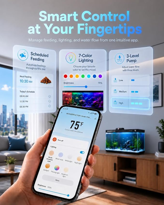 5 Gallon Smart Fish Tank App-Controlled Glass Betta Aquarium Starter Kit | Auto Feeder, 7 Colors LED Light, Temperature Display, Dual Filtration Quiet Pump, Download Free App 'SmartLIfe'