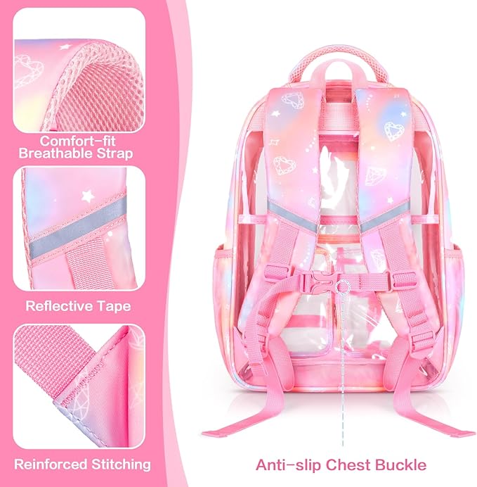 PAMANO Clear Backpack for Girls, Heavy Duty Transparent Bookbag for Kids, See Through Cute Backpacks for Elementary Primary School Work Sport Travel - Pink