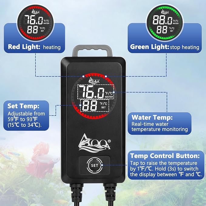 AQQA 800W Aquarium Heater, Fish Tank Heater with Digital Thermostat | Over-Temperature and Dry-Run Protection, for 90-150 Gallon Freshwater, Saltwater, Turtle Betta Fish Tank Aquarium