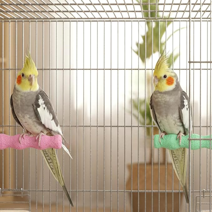 2 Pcs Bird Parrot Cage Perch Stand, Bird Beak Grinding Stone, Resin Anti-Slip Beak Grinder Stone Perches, Nail Trimming Stick, Claw Trimmer Stand, Cage Accessories for Birds, Parrot (Pink, Green)