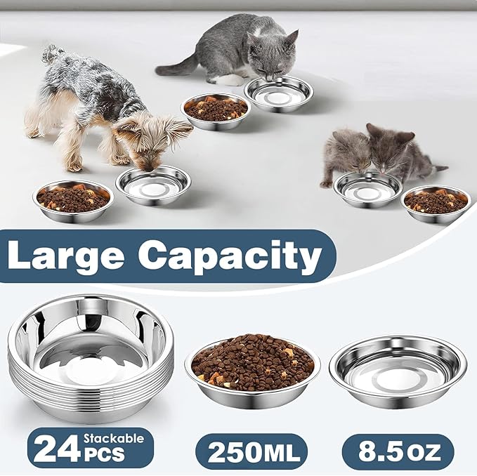 24 PCS Thickened Stainless Steel Cat Bowls, 5.5 Inch Shallow Wide Flat Metal Kitten Food Bowls, Whisker Friendly Fatigue Relief Replacement Basic Pet Dishes for Indoor Cats