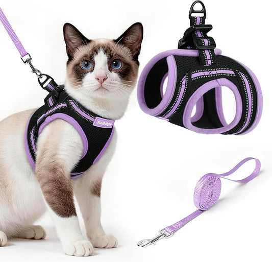 rabbitgoo Cat Harness and Leash Set for Walking Escape Proof, Adjustable Soft Kittens Vest with Reflective Strip for Cats, Comfortable Outdoor Vest, Black & Light Purple, L