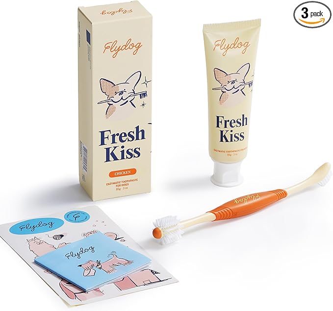 Flydog Fresh Kiss Dog Tooth Brushing Kit, Enzymatic Dog Toothbrush and Toothpaste- Vet Approved Formula, Breath Freshener & Tartar Remover, 360° Toothbrush for All Round Cleaning (Chicken)