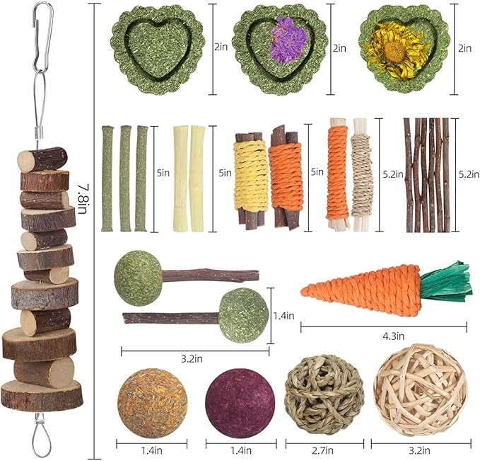 YIXUND Rabbit Toys Bunny Toys 26Pcs Natural Timothy Hay Sticks Apple Wood Sticks Handmade for Guinea Pig Hamster Rat Chinchilla
