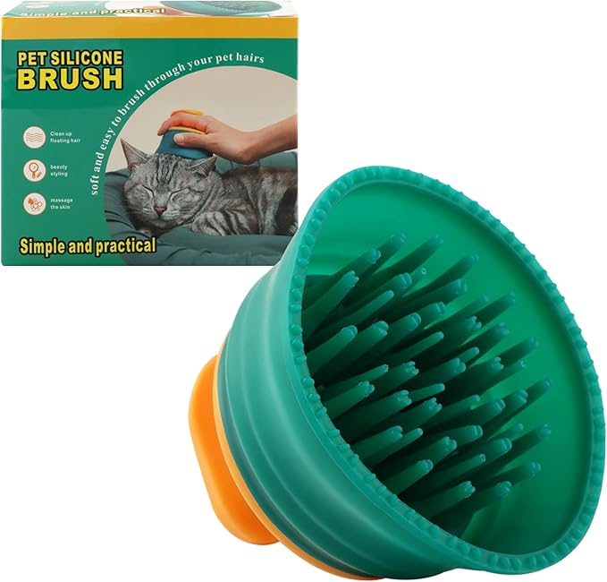 Cat Grooming Brush, Gentle Deshedding & Massage Brush for Indoor Cats, Dogs, Rabbits, Soft Silicone Pet Hair Remover, Reduces Shedding & Tangles, Scratch-Free(COLOR:Green)