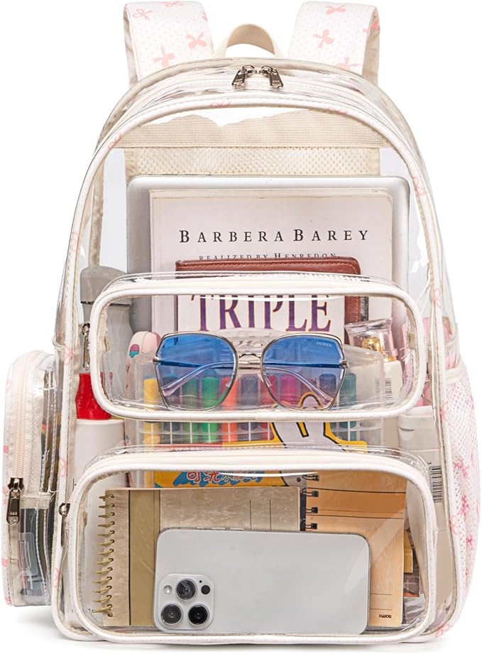 CAMTOP Clear Backpack Heavy Duty Transparent Bag See Through BookBag for Student School Work Festival Sport Travel (Beige with Pink Bow)