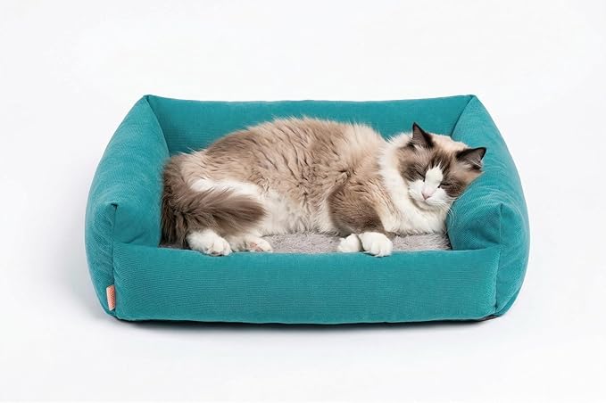 Miguel Cat and Dog Bed, Bolster, Small 20"x17"x7", Up to 10lbs, Washable, Polycotton Fill, Blue, Square, Solid
