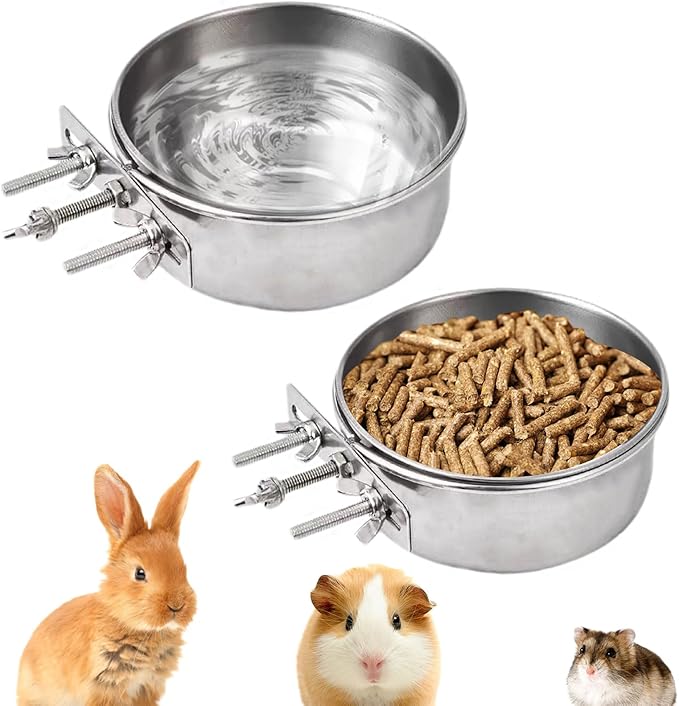Stainless Steel Pet Crate Bowls, 2-Pack Rabbit Food Water Bowls No Spill Removable Hanging Parrot Feeding Cups Kennel Feeder Coop Cup for Small Medium Pets Birds Bunnies Cats Dogs (M+L)