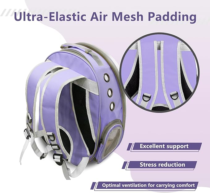 Expandable Cat Backpack Carrier, Breathable Clear Bubble Window Pet Carrier for Small Dogs and Cats up to 12 lbs, Airline Approved Travel Bag for Hiking and Outdoor Use (Back Expandable-Purple)