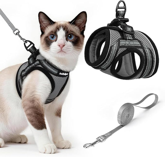 rabbitgoo Cat Harness and Leash Set for Walking Escape Proof, Adjustable Soft Kittens Vest with Reflective Strip for Cats, Comfortable Outdoor Vest, Grey, L