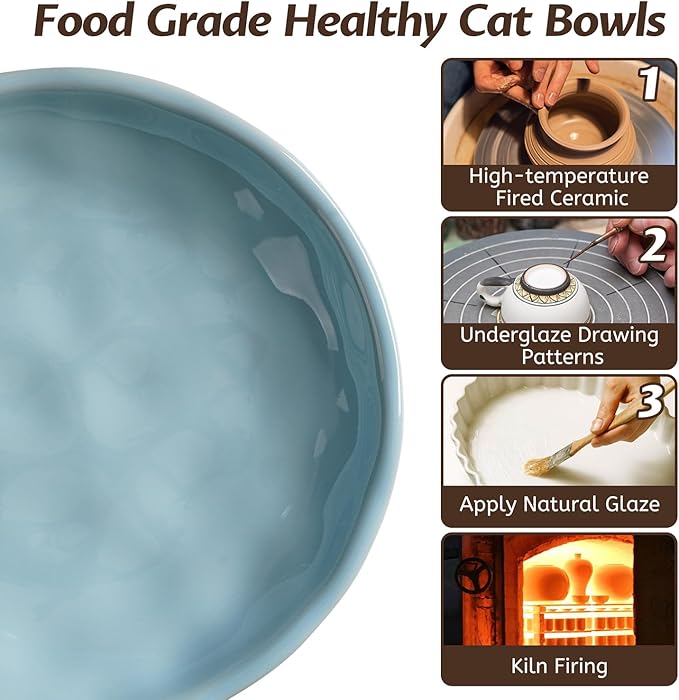 WROSWT Non-Slip Cat Food Bowl,Healthy Ceramic Cats Bowls with Silicone Bottom, Anti-Whisker Fatigue Cat Dishes Set, Shallow & Wide Kitten Plates for Food and Water, 4 Pack