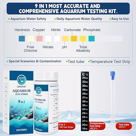9 in 1 Aquarium Test Strips, 100 Count, Fish Tank Water Test Kit for Freshwater & Saltwater, Tests Nitrate, Nitrite, pH, KH, Total Alkalinity, Hardness, Free Chlorine, Copper & Phosphate