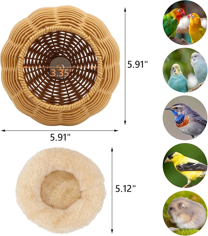 Hypeety Rattan Steel Frame Bird Nest for Cage Chewproof Parakeet Nest House Small Bird Bed Hammock with Removable Soft Plush Cushion for Small Parrots Budgies Canaries Cockatiels Finches Lovebirds
