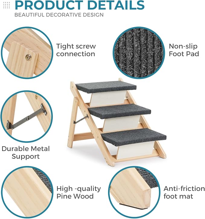 MEWANG Wood Pet Stairs & Ramp for Small/Medium Dogs and Cats, Aging Pets – 2-in-1 Foldable, Portable, Non-Slip Pet Ladder for Tall Beds, Couches,Cars–Holds Up to 220 lbs (24.8" L x 17.2" W x 19.5" H)