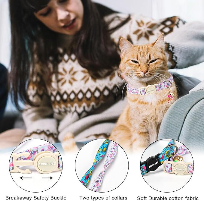 ARING PET 2 Pack Cat Collars with Bell, Cute Summer Soft Cotton Kitten Kitty Breakaway Cat Collars for Boy Girl Cats-Dinosaur & Flamingo