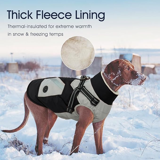 IECOii Dog Coat for Large Dogs Waterproof Dog Winter Jacket with Harness Built in, Black - XXLarge, Thermal Warm Fleece Lined, Reflective Dogs Jackets for Cold Weather Camping, Hiking, Pitbull