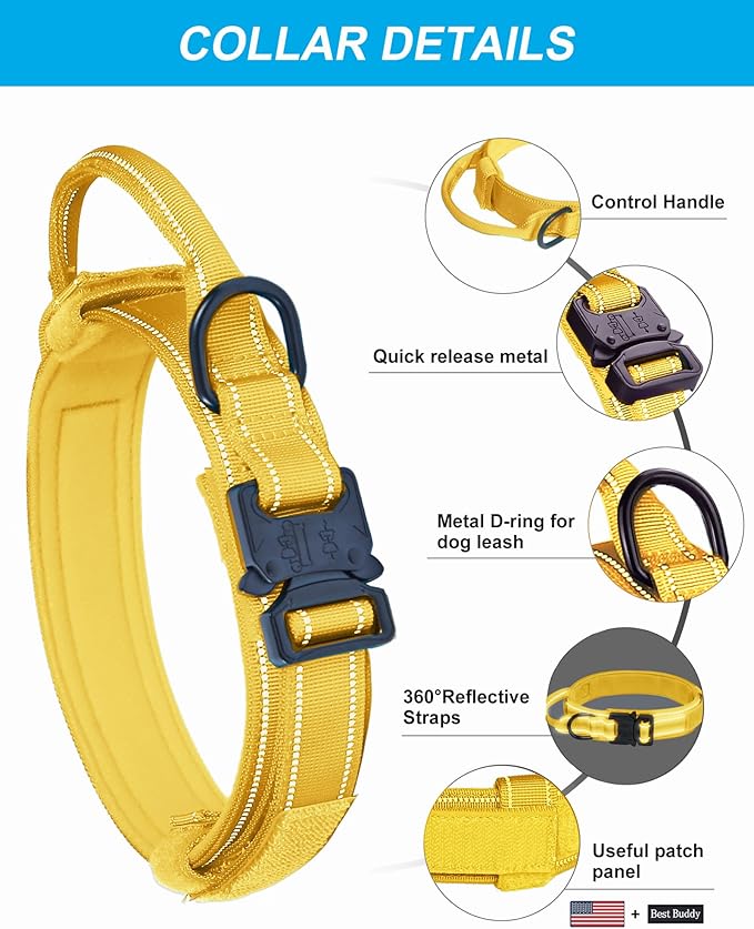 AUBELL Reflective Tactical Dog Collar,Adjustable Military Heavy Duty K9 Collars with Handle and Quick Release Metal Buckle Great for Extra Large Dogs, with Airtag Case and 2 Patches (Yellow,XL)