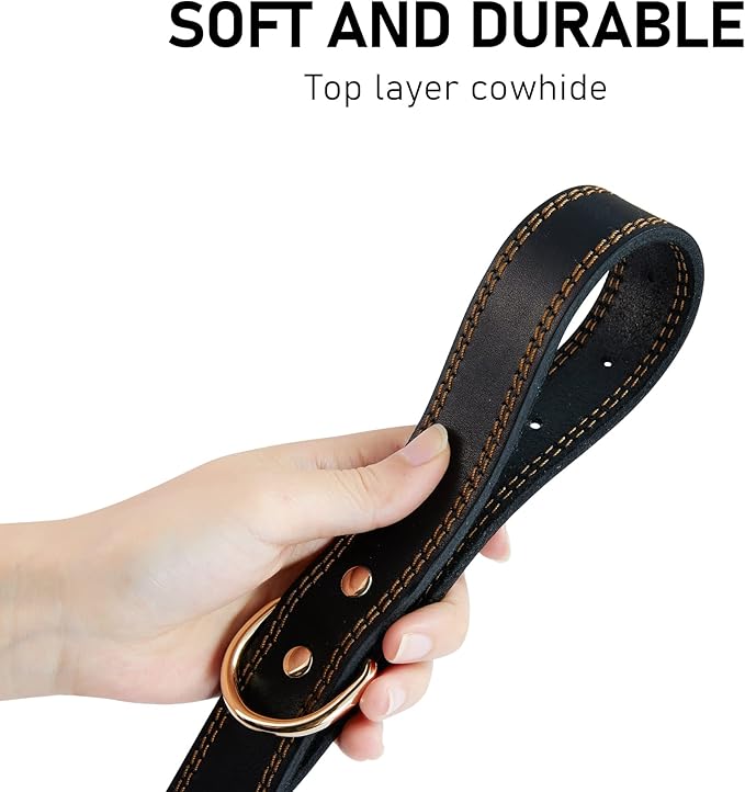 Genuine Leather Dog Collar, Heavy Duty Wide Dog Collar for Small, Medium, Large and Extra Large Dog (M: 1" Wide for 15.2"-19.2" Neck, Dual Stitch - Black)