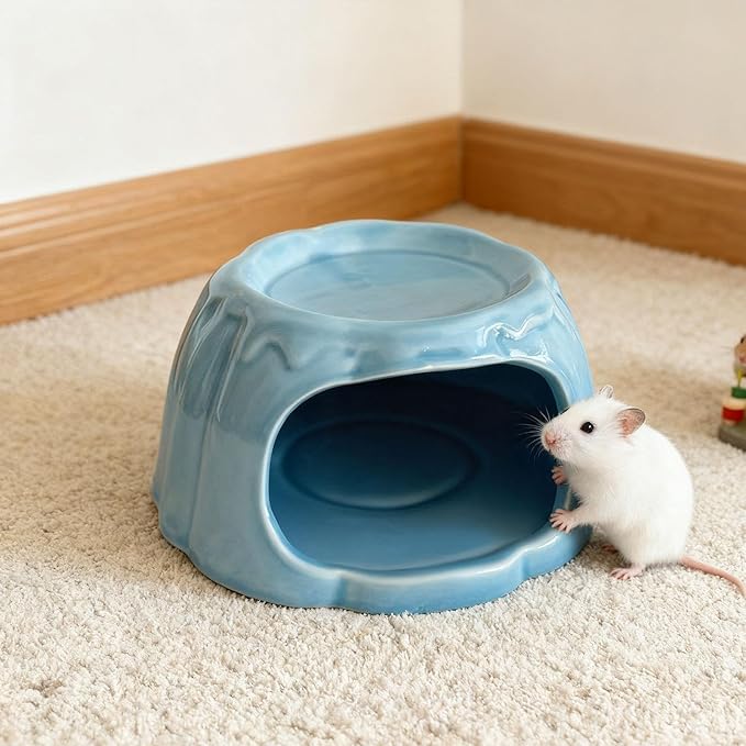 Hamster House Ceramic Hideout Small Animal Food Bowl Pudding Shaped Decorative Habitat Suitable for Hamster Cage Pet Gift Home Decoration, Blue