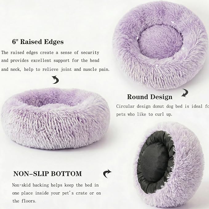 Calming Donut Dogs Beds for Small Dogs Washable,23inch Plush Round Pet Bed for Cozy Sleep,Fluffy Faux Fur Large Cat Bed,Fits up to 25 lbs Pets,Gradient Purple