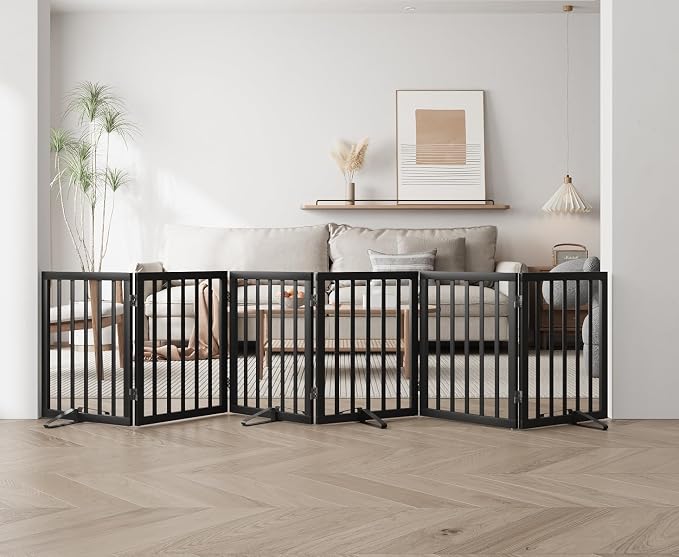 Semiocthome Wood Dog Gates for The House Extra Wide, 6-Panel Freestanding Pet Gates with 4PCS Metal Stands for Doorways and Stairs, 24" H Foldable Dog Fences Indoor, Expands Up to 110" (W)- Black