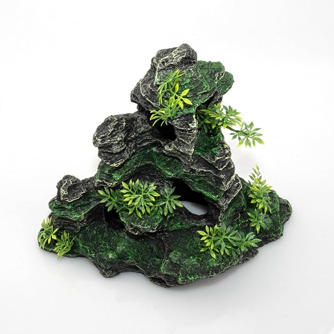 Aquarium Mountain View Stone Ornament, Large Resin Hideout Cave for Betta & Shrimp, Fish Tank Decor Rock Cave with Fish Cave and Hideouts (11.02" x 6.69" x 9.84")