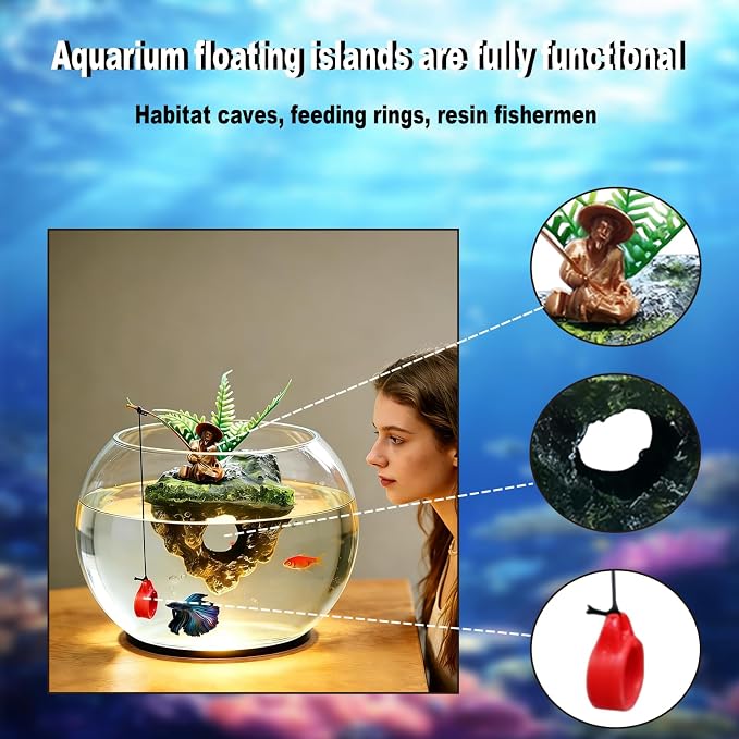 Resin Aquarium Floating Island Decoration, Fish Tank Floating Hiding Cave, Fisherman Decoration Accessory, Betta Fish Habitat, Suitable for Guppies, Rainbowfish and Hermit Crabs