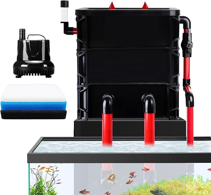 3-Layer Fish Tank Filter Box with 25W Water Pump for 10-55 Gal Fish Tank & Turtle Tank, Adjustable Water Inlet with 3 Filter Pads, External Filtration System