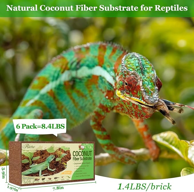 Riare 6 Pack Natural Coconut Fiber Substrate, Coco Coir Reptile Bedding | Coconut Husk Reptile Substrate for Tortoises, Hermit Crabs, Snakes, Bearded Dragon, Geckos, Reptile Enclosure/Terrarium Setup