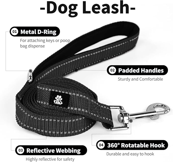 IVY&LANE Reflective Dog Collar and Leash Set,Adjustable Neoprene Padded Dog Collars for Puppy, Breathable Nylon Pet Collar for Small Medium Large Dogs (Medium,Black)
